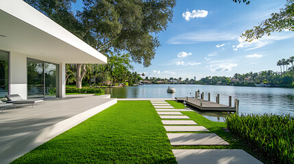 Poster - Wide angle photo of the front porch and lake view from behind an all white modern home with green grass, dock and boat in the foreground