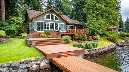 Aufkleber - Beautiful lake house with dock shows a large wooden deck leading up to the front of a green colored craftsman style home with white trimmed windows