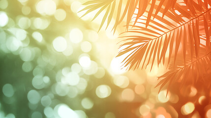 Poster - Background gradient with palm leaves in a light green and orange color palette in the flat design style on a blurred background with soft lighting
