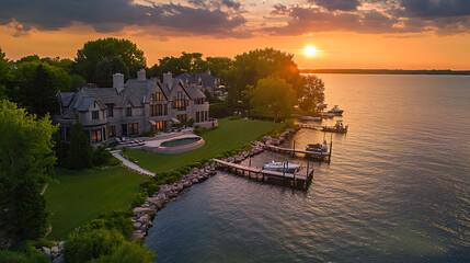 Poster - Aerial view of lake minnetonka, In the neighborhood, lakeside homes with dock and boats, trees, grassy fields, sunset