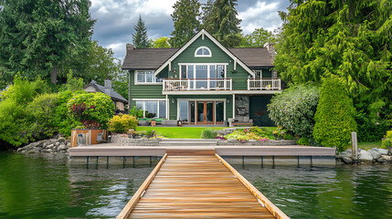 Poster - Beautiful lake house with dock shows a large wooden deck leading up to the front of a green colored craftsman style home with white trimmed windows