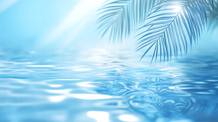 Fototapete - Blurred palm leaf shadow on the water surface, banner with copy space area, light blue colored background, banner for a summer vacation concept
