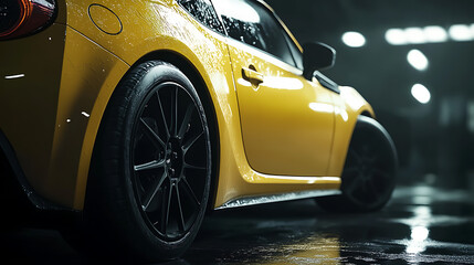 Aufkleber - Close up of yellow sports car with black rims, cinematic, dark background