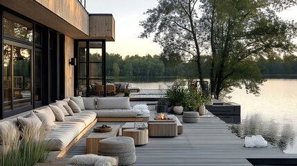 Poster - Cozy boathouse with wood deck, beige and grey outdoor furniture, overlooking lake in summer evening, black window frames, wood paling, wooden planters