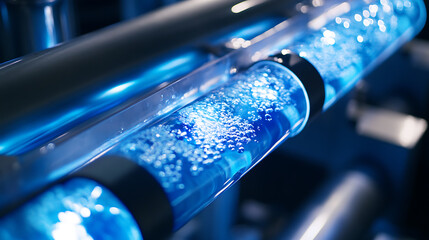 Aufkleber - Close-up of a reverse osmosis unit filtering water, showcasing the intricate filtration process and pure water output, Ideal for illustrating water purification and clean water technology