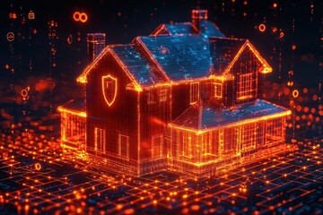Aufkleber - Digital Wireframe of a House with a Shield on its Side