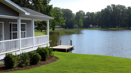 Poster - Lakefront house with a white porch and gray walls, green grass near the deck and a small dock on the side, view from the backyard showing the water with calm waves