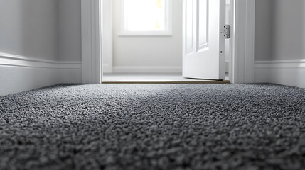 Poster - Close up of grey carpet in room with white door open to the entrance