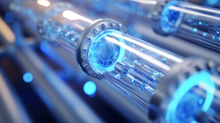 Poster - Close-up of hydrogen gas pipes with renewable energy background