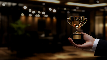 Leinwandbilder - Close up of hands holding a golden trophy cup with a blurred business office background in the background