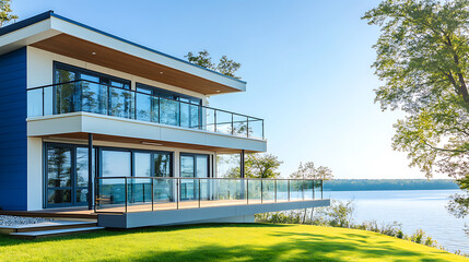Poster - Modern lake house with blue and white exterior, overlooking the water on sunny day large deck with glass railing overlooking green grass near tree lined body