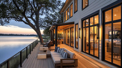 Poster - Modern farmhouse style home on lake, wooden deck with large windows and beige color scheme, overlooking the water at dusk, black vertical sconces along side of house