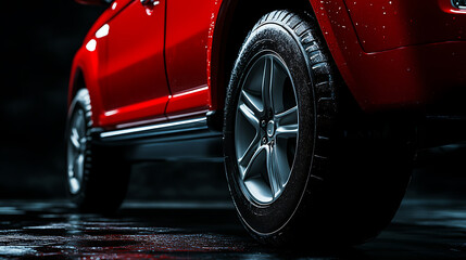 Aufkleber - Close up of the side wheel and fender on a red SUV, in the studio with lighting, on a dark background with a black floor