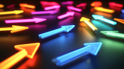 Poster - Colorful neon arrows pointing in different directions, symbolizing the concept of direction and choice