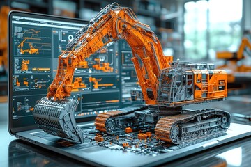Poster - Excavator Model on a Laptop with Technical Data Displayed on the Screen