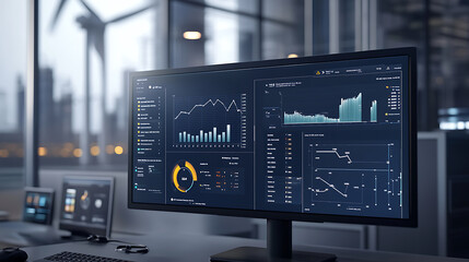 Poster - Digital display showcasing wind turbine data analysis and efficiency metrics for alternative energy production, Features cost monitoring and performance insights
