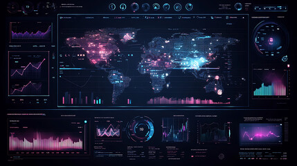 Leinwandbilder - Digital interface showing a global business network, with a touch screen map and financial graphs on a dark background