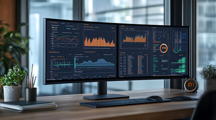 Poster - Digital display showcasing wind turbine data analysis and efficiency metrics for alternative energy production, Features cost monitoring and performance insights