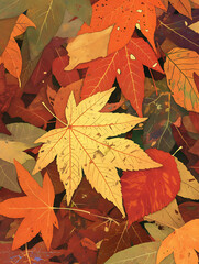 Aufkleber - A background of colorful autumn leaves in various shades, with one leaf showing detailed textures and the other more abstracted