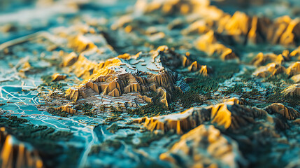 Aufkleber - Digital 3D map terrain showcasing GIS geodata mapping concept, highlighting topography, elevation, and spatial data for advanced geographic analysis