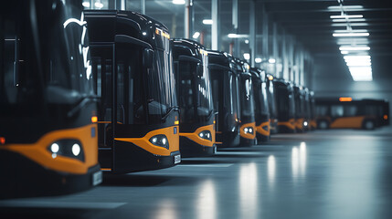 Poster - Electric bus fleet, a line of electric buses in a depot, demonstrating the electrification of public transport