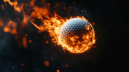 Poster - A burning golf ball flying through the air against a black background