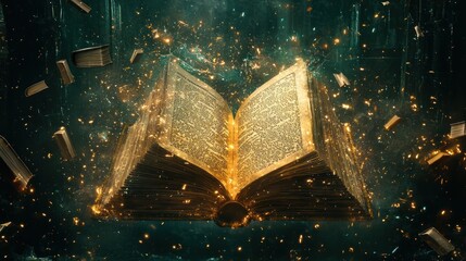 Poster - An Open Book Surrounded by Magical Sparks and Other Books