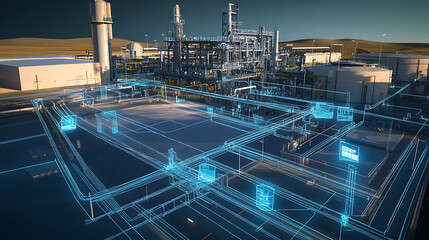Fototapete - A digital illustration of an oil production plant with blue and white data visualization lines overlaying the scene, symbolizing technology integration in industrial operator training