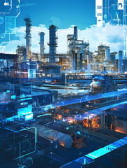Poster - A digital illustration of an oil production plant with blue and white data visualization lines overlaying the scene, symbolizing technology integration in industrial operator training