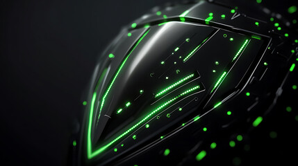 Poster - A digital shield with green light accents, representing data protection and security in cyber space The background is dark black to emphasize the glow of the shield