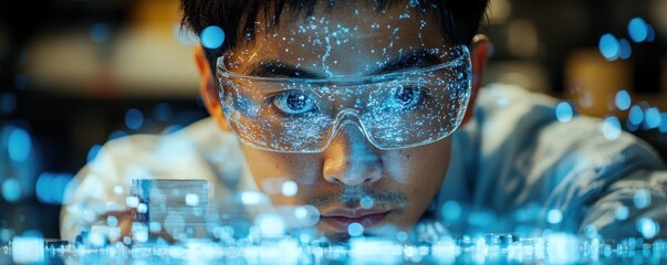 Aufkleber - Man Wearing Protective Glasses Focusing on Circuit Board with Glowing Lights