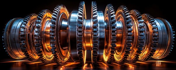 Poster - Close-up of a Shiny, Glowing Turbine Rotor with Interlocking Gears