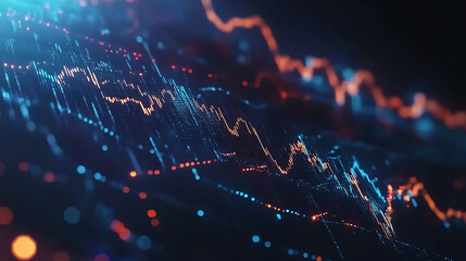 Aufkleber - A digital stock market graph, with blue and orange lines on a dark background, blurred light effects, and a financial chart-like style