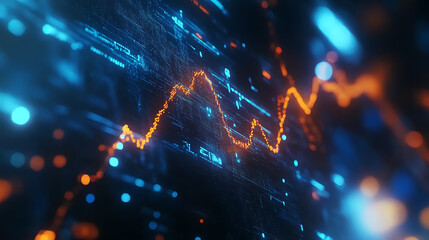 Poster - A digital stock market graph, with blue and orange lines on a dark background, blurred light effects, and a financial chart-like style