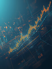 Poster - A digital stock market graph, with blue and orange lines on a dark background, blurred light effects, and a financial chart-like style