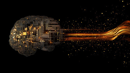 Wall Mural - A futuristic digital brain made of circuitry, connected to an abstract AI energy stream on the right side, all set against a dark background