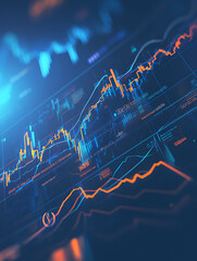 Aufkleber - A digital stock market graph, with blue and orange lines on a dark background, blurred light effects, and a financial chart-like style