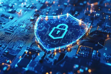 Aufkleber - Cybersecurity Shield with Glowing Padlock on a Circuit Board
