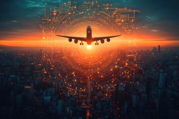 Poster - Airplane Flying Over a City at Sunset with an Abstract Digital Pattern in the Sky
