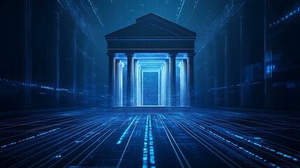 Poster - A futuristic icon of an open bank building with columns, surrounded by digital lines and data curves on a dark blue background, representing the evolution to artificial intelligence