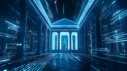 Leinwandbilder - A futuristic icon of an open bank building with columns, surrounded by digital lines and data curves on a dark blue background, representing the evolution to artificial intelligence