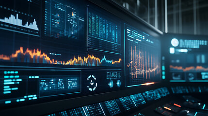 Fototapete - High-tech power grid interface displaying data analysis and price graphs, showcasing energy consumption and market trends