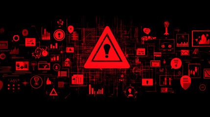Poster - A red exclamation mark in the shape of a triangle on a black background, with cyber security icons and graphs floating around it