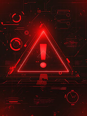 Poster - A red exclamation mark in the shape of a triangle on a black background, with cyber security icons and graphs floating around it
