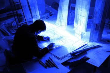 Aufkleber - Architect Working on Blueprints in a Dark Room with Blue Light