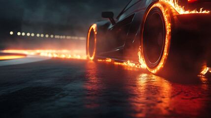 Poster - Illuminated dark road with burning car tires on a race track, Concept car racing