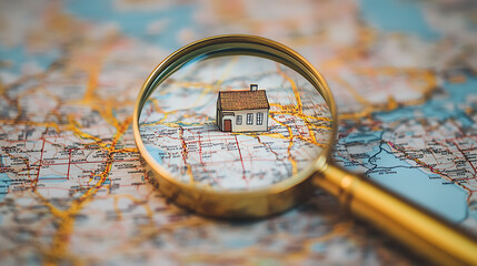 Poster - Magnifying glass over a map highlighting a house, symbolizing the search for a new home and the journey of purchasing real estate