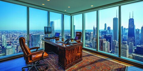 Poster - Modern Office with Stunning City Skyline View
