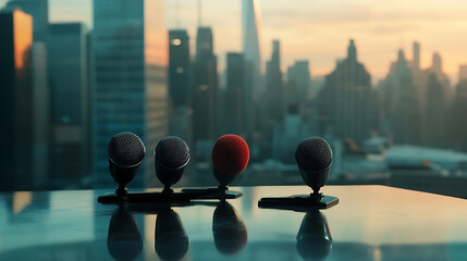 Poster - Microphones on a table with a cityscape backdrop, symbolizing journalism and media for daily breaking news coverage