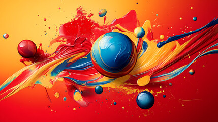 Poster - Abstract background with colorful paint strokes and spheres, dynamic shapes and lines in a red, blue, yellow and orange palette